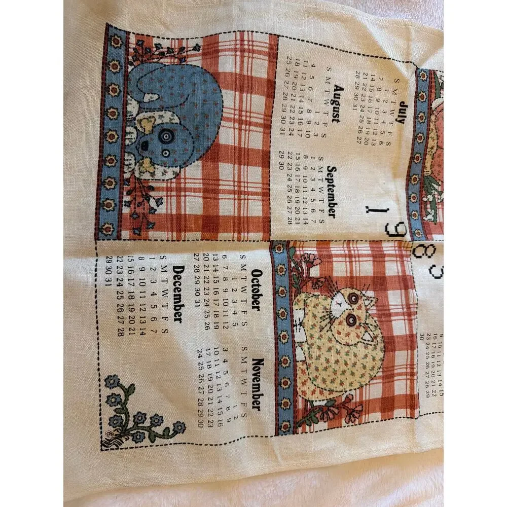Vintage 1985 Calendar Linen Tea Towel Helen Kish Folk Art Animals Rabbit Cat 80s